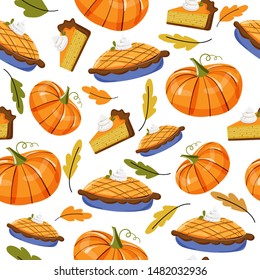 Seamless vector pattern with hand drawn pumpkin pie, pumpkin and leaves. Autumn holidays and thanksgiving day illustration in doodle style