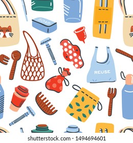 Seamless vector pattern with hand drawn reusable and zero waste items.