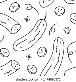 Seamless vector pattern with hand drawn cucumber vegetables. Endless repeat background of handdrawn veggies with slices. linear black and white contour naive style. good for  fabric or wrapping paper.