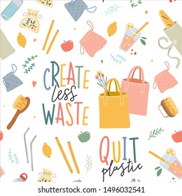Seamless vector pattern with hand drawn zero waste elements. Ecological lifestyle vector illustrations in modern trendy flat cartoon style. Reusable bags, brushes and bottles, motivation lettering.