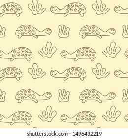 Seamless vector pattern with hand drawn cute turtles,and plants . Background for children's fabric design