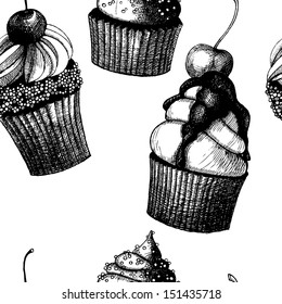 Seamless vector pattern with hand drawn cakes. Illustration on spotted background in black and white colors.