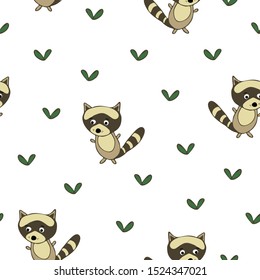 Seamless vector pattern with hand drawn raccoon on white background. Cute cartoon animal wallpaper design for children. Simple decorative fashion textile.