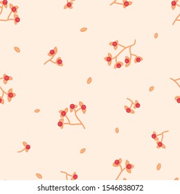 Seamless vector pattern with hand drawn bittersweet branches and leaves on a cream background. Fresh botanical illustration for stationery, packaging, fabric, home goods. 
