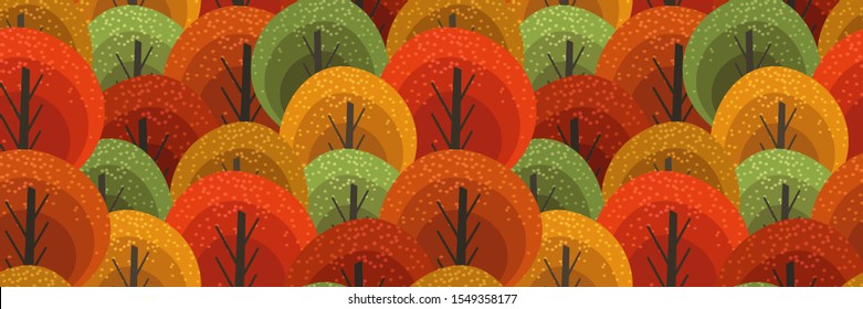 Seamless vector pattern with hand drawn autumn forest. Stylized colorful trees. Endless texture, backdrop with abstract elements of plants. Creative template for fashion prints, backgrounds, prints...