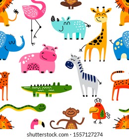 Seamless Vector Pattern With Hand Drawn Baby Animals.