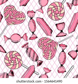 Seamless vector pattern with hand drawn candy. Sweet doodle for T-shirts, textiles, web. Pink background.
