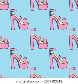 Seamless vector pattern. Hand drawn doodle woman pink shoe. Colorful illustration on blue background. Design for prints, package, wrapping paper, greeting cards etc.