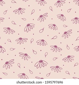 Seamless vector pattern with hand drawn coneflowers and leaves in purple on a pink background. Beautiful modern botanical floral design for wrapping paper, stationery, packaging, fabric, home decor. 