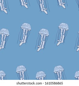 Seamless vector pattern of hand drawn jellyfishes on blue background
