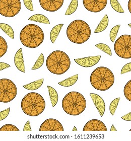 Seamless vector pattern of hand drawn orange slices and lemon pieces on white background