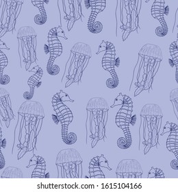 Seamless vector pattern of hand drawn line seahorses and jellyfishes on light blue background