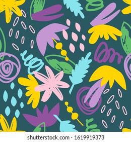 Seamless vector pattern with hand drawn floral elements. Colorful spring texture