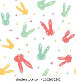 Seamless vector pattern with hand drawn scribble rabbits. Creative scandinavian kids texture for wrapping paper, fabric, textile.