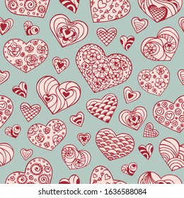 Seamless vector pattern from hand drawn doodle hearts. Can be printed and used as wrapping paper, wallpaper, textile, fabric, etc. Design for birthday, wedding, Valentine's Day, mother's day.