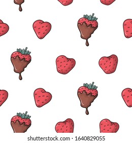 Seamless vector pattern with hand drawn sweet strawberries and covered in chocolate berries. For wrapping paper, cards, invitations, gifts, fabrics, wallpapers.