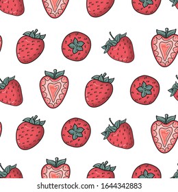 Seamless vector pattern with hand drawn sweet whole and cut in half strawberries isolated on white background. Top view. For wrapping paper, cards, invitations, gifts, fabrics, wallpapers.