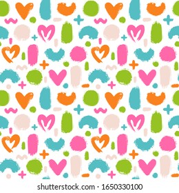 Seamless vector pattern with hand drawn hearts, pluses, circles and strokes.