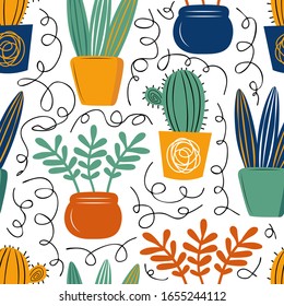 Seamless vector pattern with hand drawn home plants. Background of cacti, succulents and flowers. Scandinavian decorative textiles, Wallpaper, wrapping paper design idea