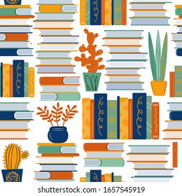 Seamless vector pattern with hand drawn books and home plants. Background of large stacks of books, cacti and succulents. Scandinavian decorative textile, wallpaper, wrapping paper design idea