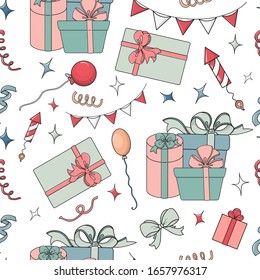 Seamless vector pattern with hand drawn gift boxes, balloons, fireworks, buntings and confetti. For wrapping paper, invitation, greeting cards, gifts, fabrics, wallpapers.