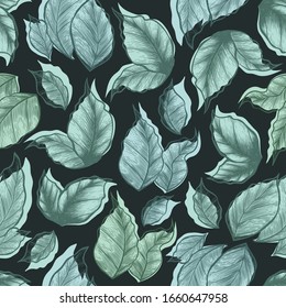 Seamless vector pattern with hand drawn leaves on dark background