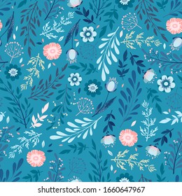 Seamless vector pattern with hand drawn flowers, leaves and floral elements on blue background