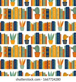 Seamless vector pattern with hand drawn books and home plants. Background of large stacks of books, cacti and succulents. Scandinavian decorative textile, wallpaper, wrapping paper design idea