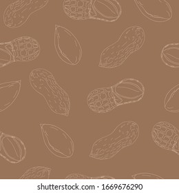 Seamless vector pattern of hand drawn line peanuts on brown background. Design for nut chocolate, peanut butter and nut products packaging