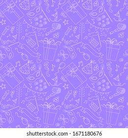 Seamless vector pattern with hand drawn party or celebration event outline elements. Purple and white color palette. For wrapping paper, invitation, greeting cards, gifts, fabrics, wallpapers, web.