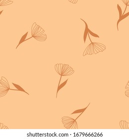 Seamless vector pattern with hand drawn flowers with stem and leaves. simple minimalistic background with contours of flowers with a stalk and leaves in beige and brown colors for posters, cards