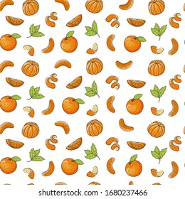 Seamless vector pattern with hand drawn whole, peeled, cut and sliced oranges isolated on white background. Graphic texture for package, wrapping paper, banner, print, card, gift, fabric, wallpaper.