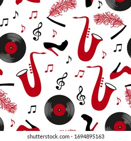 Seamless vector pattern of hand drawn black and red retro roaring 1920s vintage objects