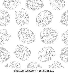 Seamless vector pattern of hand drawn black line walnuts on white background. Design for nut chocolate, nut cream and nut products packing