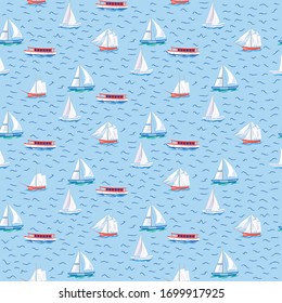 Seamless vector pattern with hand drawn sailing yachts and seagulls. Summer bright background for fabric design.