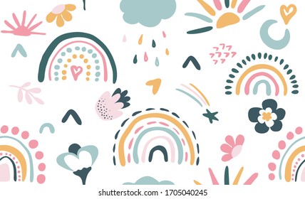 Seamless vector pattern with hand drawn rainbows and sun Trendy baby texture for fabric textile wallpaper apparel wrapping