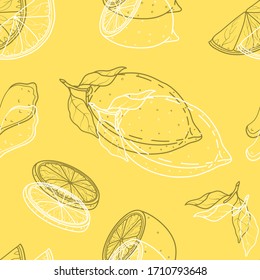 Seamless vector pattern with hand drawn whole, half, cut and sliced lemons. White and gray line objects on yellow background. For wrapping paper, label, banner, fabric, advertising, print.