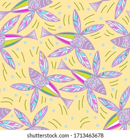 Seamless vector pattern with hand drawn fish with wings. Abstract ornamental background. Repeating colorful background texture. Cloth design. Wallpaper, wrapping.