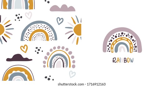 Seamless vector pattern with hand drawn rainbows and sun Trendy baby texture for fabric textile wallpaper apparel wrapping