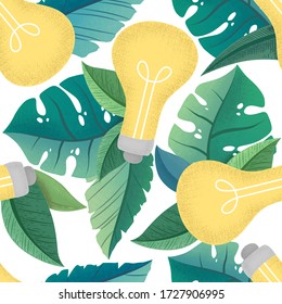Seamless vector pattern with hand drawn textured tropical leaves and light bulbs. Green eco energy concept