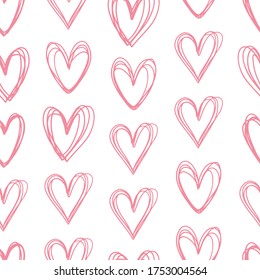 Seamless vector pattern with hand drawn hearts. Cute vector pattern for fabric, wallpapers, prints, cards and posters. Vector background with hearts for wedding and Valentine's day
