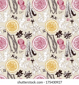 Seamless vector pattern with hand drawn spices. Decorative vintage background.