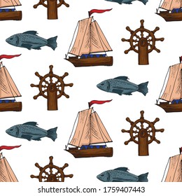 Seamless vector pattern with hand drawn sailing yachts, helm, fish. Summer bright background for fabric design.