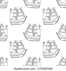 Seamless vector pattern with hand drawn sailing yachts. Summer bright background for fabric design.