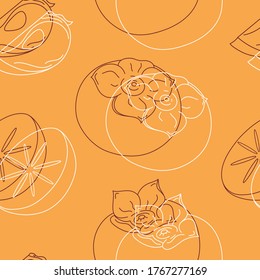 
Seamless vector pattern with hand drawn whole, cut and quarter persimmons. White and brown line objects on orange background. For wrapping paper, invitation, card, gift, fabric, wallpaper, textile.