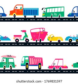 Seamless vector  pattern with hand drawn cute cars. Cartoon cars, road sign,children  illustration.Perfect for kids fabric,textile,nursery wallpaper