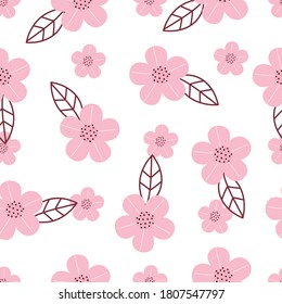 Seamless vector pattern hand drawn pink flower background in cartoon style Suitable for printings, wallpaper, fabric design, textiles.