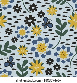 Seamless vector pattern with hand drawn flowers on light blue background. Simple artistic floral wallpaper design. Abstract botanical fashion textile.