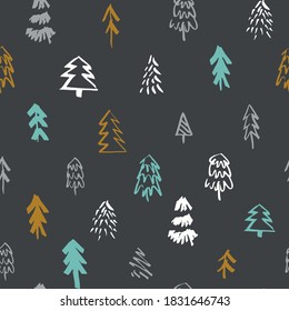 Seamless vector pattern with hand drawn Christmas trees. Doodle ink trendy background