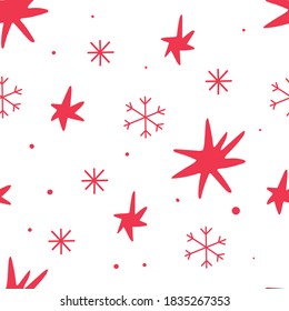 Seamless vector pattern with hand drawn stars and snowflakes. Festive  illustration